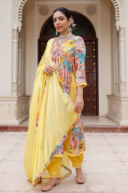 Buy Bairaas Yellow Anarkali And Dupatta Chinnon Embroidery Florette V Pattern Salwar Set Online at Aza Fashions Buy_Bairaas_Yellow Anarkali And Dupatta Chinnon Embroidery Florette V Pattern Salwar Set_Online_at_Aza_Fashions