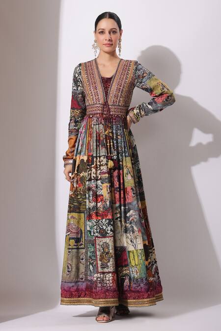 Bairaas_Maroon Anarkali Dola Silk Printed Persian Art Blunt V With Dupatta_Online_at_Aza_Fashions