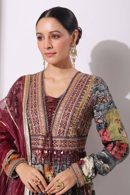 Bairaas_Maroon Anarkali Dola Silk Printed Persian Art Blunt V With Dupatta_at_Aza_Fashions