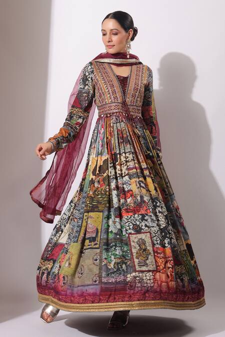 Buy_Bairaas_Maroon Anarkali Dola Silk Printed Persian Art Blunt V With Dupatta