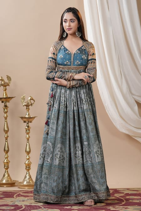 Bairaas_Blue Organza Embroidery V-neck Flower Pattern Anarkali With Dupatta_Online_at_Aza_Fashions