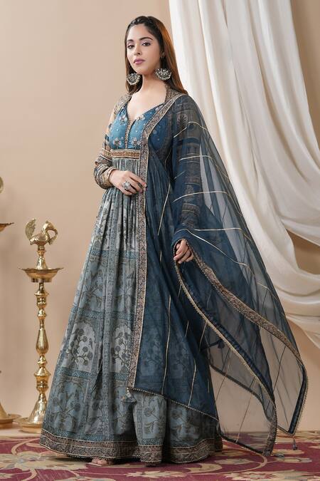 Buy_Bairaas_Blue Organza Embroidery V-neck Flower Pattern Anarkali With Dupatta_Online_at_Aza_Fashions