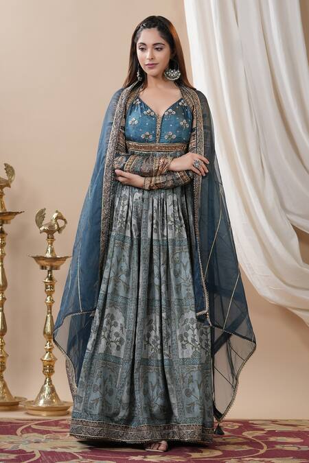 Shop_Bairaas_Blue Organza Embroidery V-neck Flower Pattern Anarkali With Dupatta_Online_at_Aza_Fashions