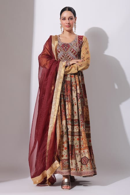 Bairaas_Maroon Organza Embroidery Round Flower Embellished Yoke Anarkali With Dupatta_Online_at_Aza_Fashions