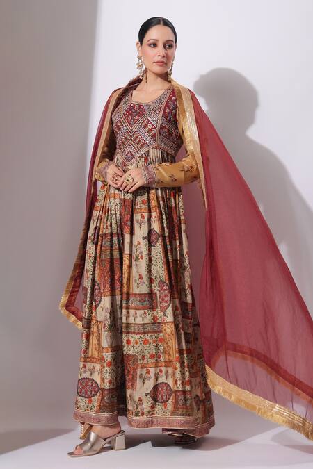 Buy_Bairaas_Maroon Organza Embroidery Round Flower Embellished Yoke Anarkali With Dupatta_Online_at_Aza_Fashions