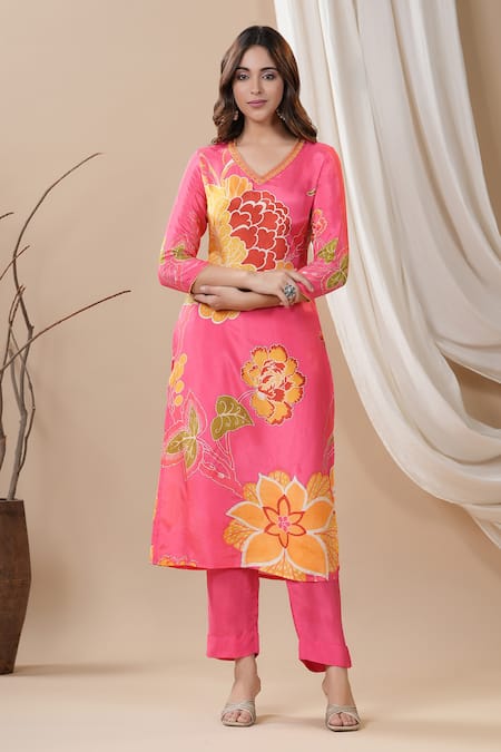 Buy Red Muslin Printed Botanical Shirt Collar Kurta And Pant Set For Women  by Bairaas Online at Aza Fashions.