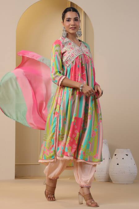 Buy_Bairaas_Green Anarkali Muslin, Dupatta Chinon, Lining Floral Bloom Pattern Set_Online_at_Aza_Fashions