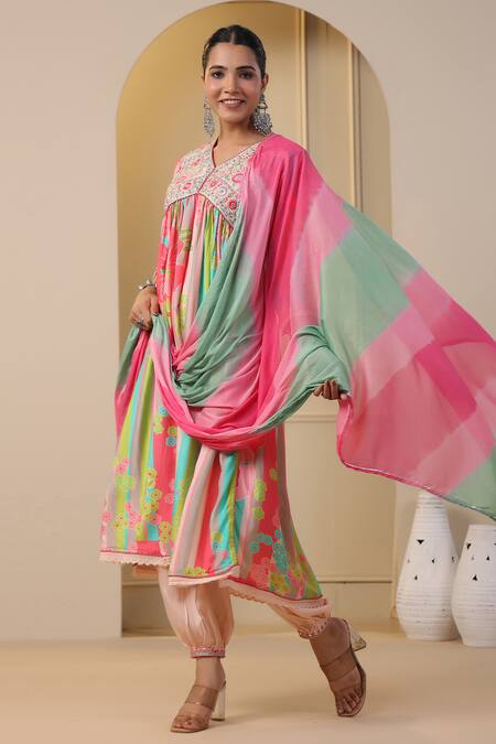 Shop_Bairaas_Green Anarkali Muslin, Dupatta Chinon, Lining Floral Bloom Pattern Set_Online_at_Aza_Fashions