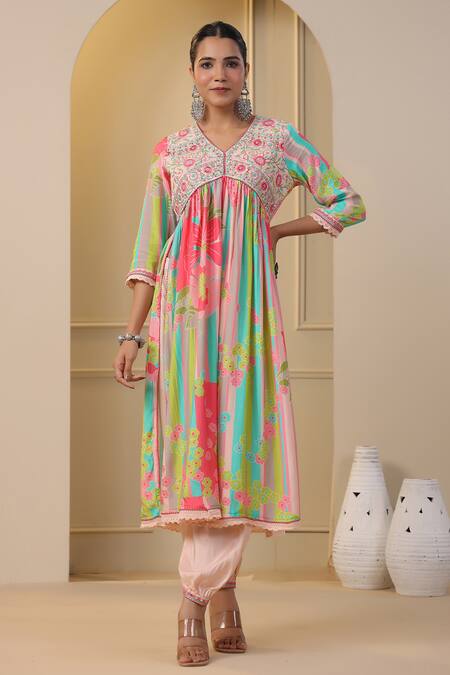 Buy_Bairaas_Green Anarkali Muslin, Dupatta Chinon, Lining Floral Bloom Pattern Set