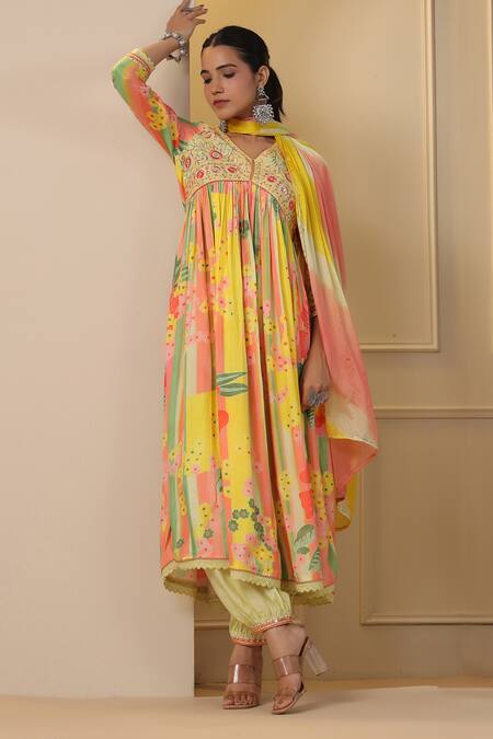 Shop_Bairaas_Yellow Anarkali Muslin, Dupatta Chinon, Lining Cotton, Bloom Pattern Set_Online_at_Aza_Fashions