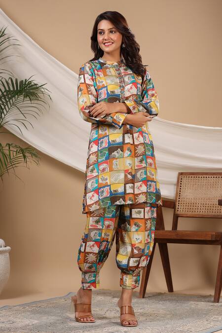 Bairaas_Multi Color Muslin Block Prints Mandarin Kurta And Afghani Pant Co-ord Set_Online_at_Aza_Fashions