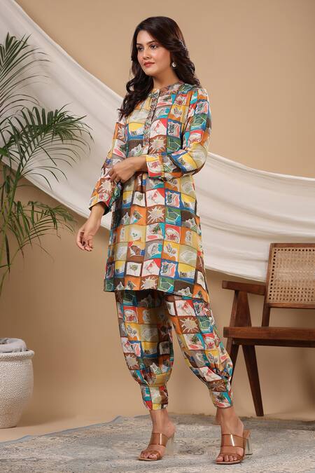 Buy_Bairaas_Multi Color Muslin Block Prints Mandarin Kurta And Afghani Pant Co-ord Set_Online_at_Aza_Fashions