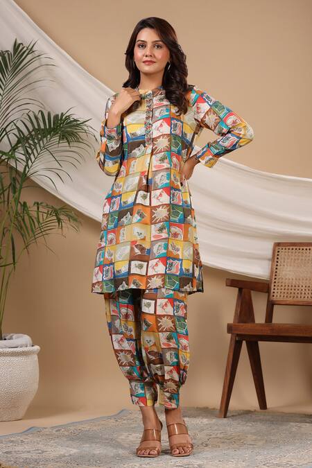 Bairaas_Multi Color Muslin Block Prints Mandarin Kurta And Afghani Pant Co-ord Set_at_Aza_Fashions