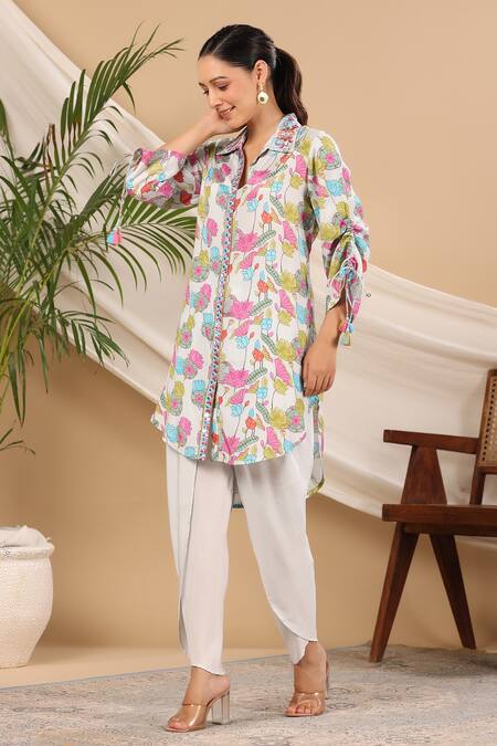 Bairaas_White Tunic Muslin Lotus Collar Pattern And Tulip Pant Set_Online_at_Aza_Fashions