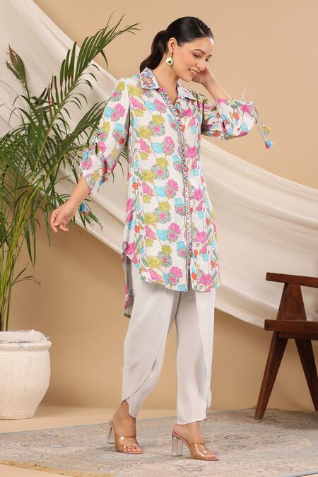 Buy_Bairaas_White Tunic Muslin Lotus Collar Pattern And Tulip Pant Set_Online_at_Aza_Fashions