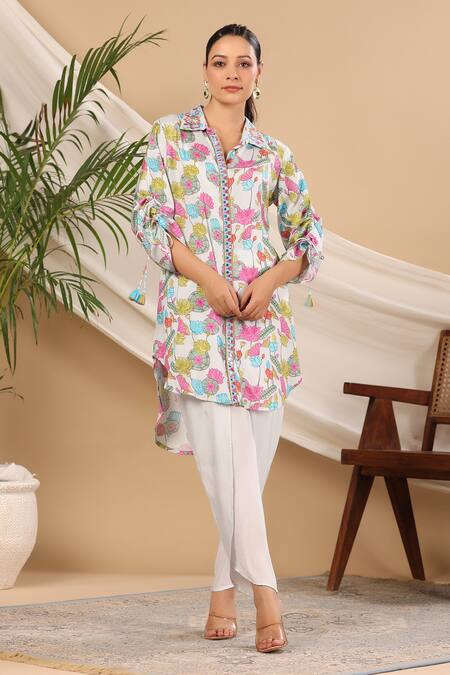 Shop_Bairaas_White Tunic Muslin Lotus Collar Pattern And Tulip Pant Set_Online_at_Aza_Fashions