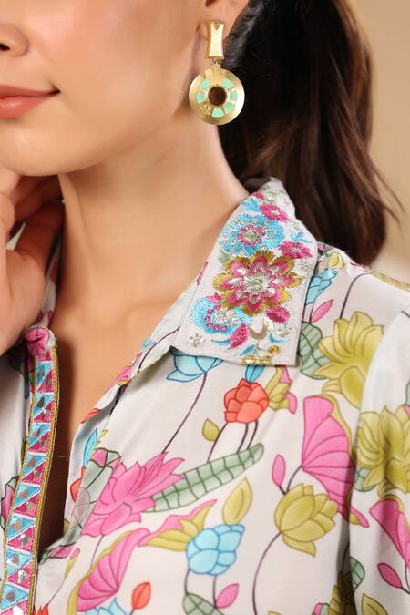 Buy_Bairaas_White Tunic Muslin Lotus Collar Pattern And Tulip Pant Set