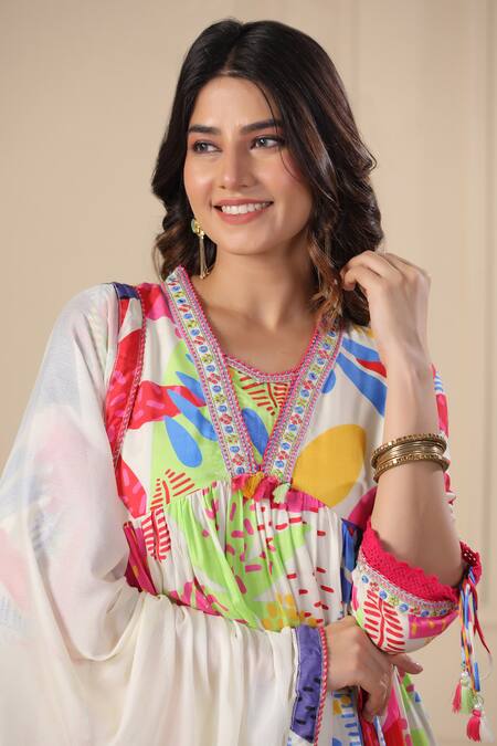 Bairaas_Cream Anarkali Muslin, Dupatta Chinon, Lining Cotton, Abstract Print Set_at_Aza_Fashions