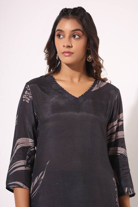 Shop_Bairaas_Black Kurta Muslin Printed Leaf V Neck Soft And Salwar Set_Online_at_Aza_Fashions