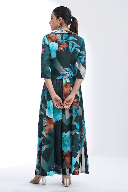 Shop_Bairaas_Blue Muslin, Cotton Embroidery, Floral Pattern Flared Pant Set With Jacket_at_Aza_Fashions