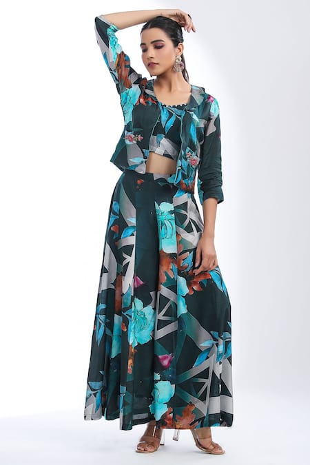 Bairaas_Blue Muslin, Cotton Embroidery, Floral Pattern Flared Pant Set With Jacket_Online_at_Aza_Fashions