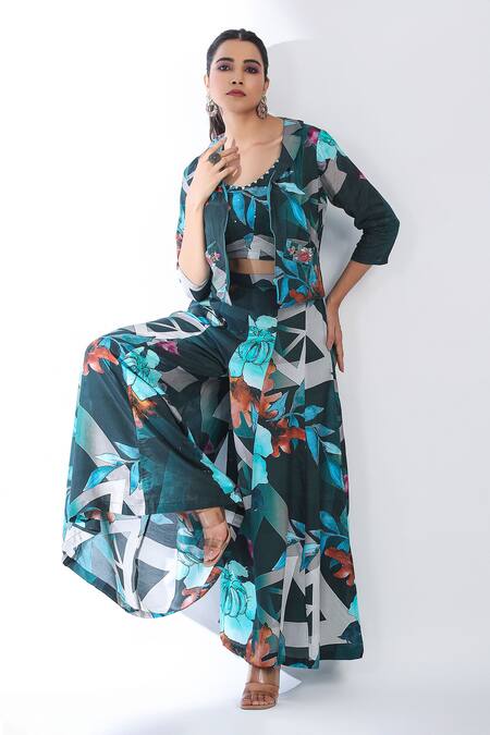 Buy_Bairaas_Blue Muslin, Cotton Embroidery, Floral Pattern Flared Pant Set With Jacket_Online_at_Aza_Fashions