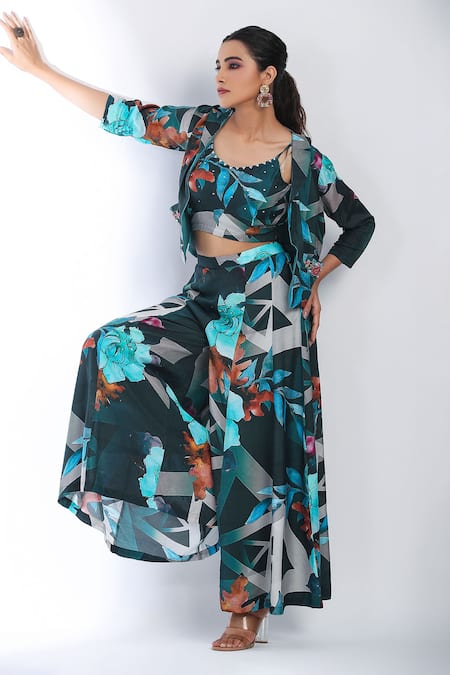 Shop_Bairaas_Blue Muslin, Cotton Embroidery, Floral Pattern Flared Pant Set With Jacket_Online_at_Aza_Fashions
