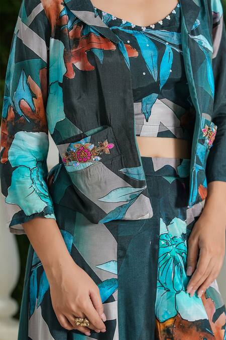 Bairaas_Blue Muslin, Cotton Embroidery, Floral Pattern Flared Pant Set With Jacket_at_Aza_Fashions