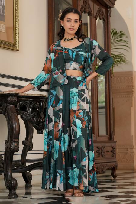 Shop Bairaas Blue Muslin, Cotton Embroidery, Floral Pattern Flared Pant Set With Jacket Shop_Bairaas_Blue Muslin, Cotton Embroidery, Floral Pattern Flared Pant Set With Jacket