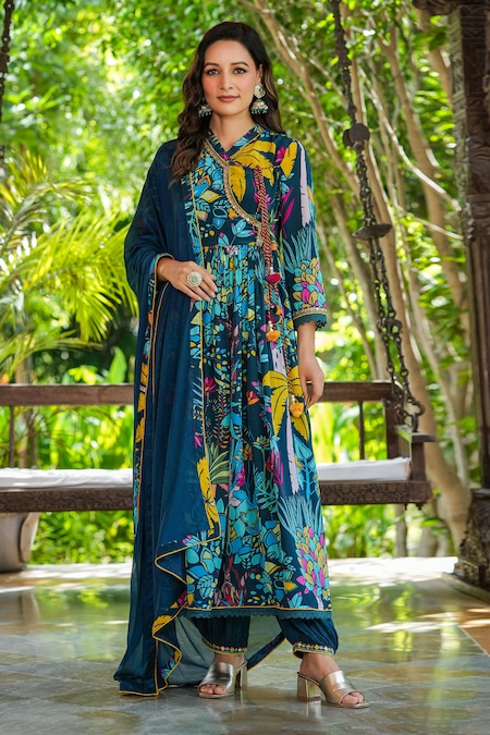 BAIRAAS Blue Anarkali Crepe Printed Floral V Neck Angarkha Set