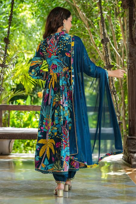 Shop_Bairaas_Blue Crepe, Chiffon, Cotton Lace V-neck Floral Print Angarkha Anarkali Set_at_Aza_Fashions