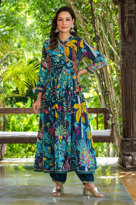 Bairaas_Blue Crepe, Chiffon, Cotton Lace V-neck Floral Print Angarkha Anarkali Set_Online_at_Aza_Fashions