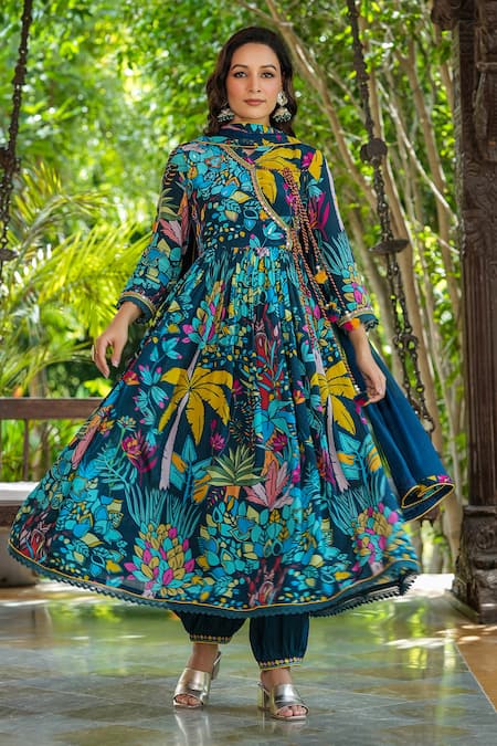 Buy_Bairaas_Blue Crepe, Chiffon, Cotton Lace V-neck Floral Print Angarkha Anarkali Set_Online_at_Aza_Fashions