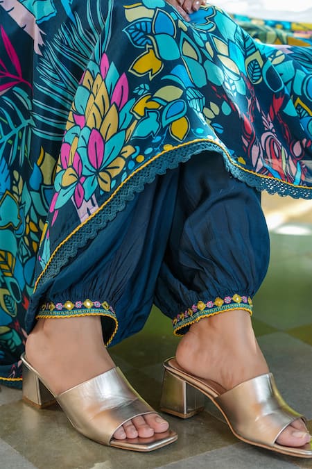 Shop_Bairaas_Blue Crepe, Chiffon, Cotton Lace V-neck Floral Print Angarkha Anarkali Set_Online_at_Aza_Fashions