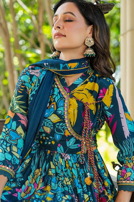 Bairaas_Blue Crepe, Chiffon, Cotton Lace V-neck Floral Print Angarkha Anarkali Set_at_Aza_Fashions