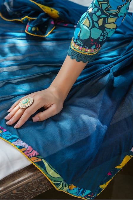 Buy_Bairaas_Blue Crepe, Chiffon, Cotton Lace V-neck Floral Print Angarkha Anarkali Set