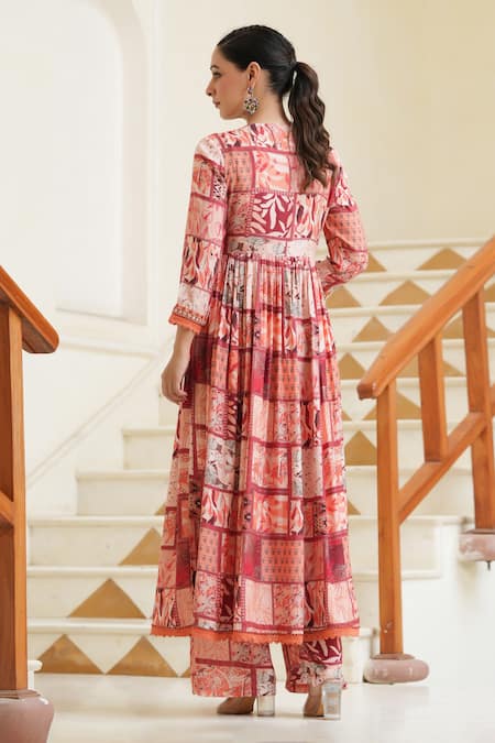 Shop_Bairaas_Peach Muslin, Cotton Beads, Tassels Floral Block Print Shrug With Pant Set_at_Aza_Fashions