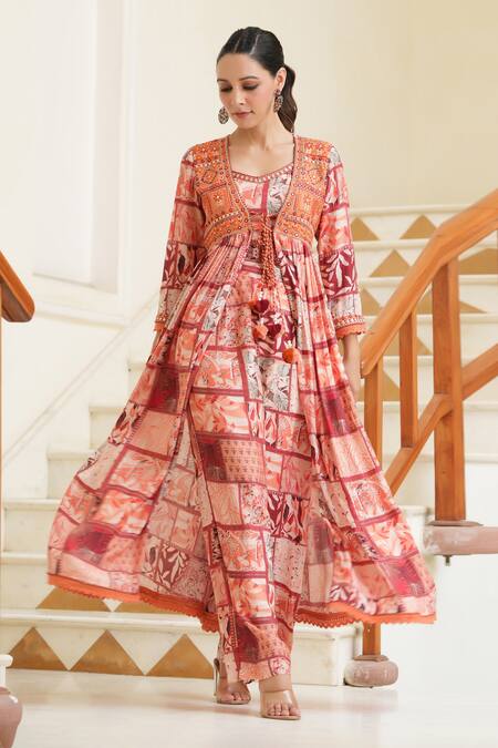 Bairaas_Peach Muslin, Cotton Beads, Tassels Floral Block Print Shrug With Pant Set_Online_at_Aza_Fashions