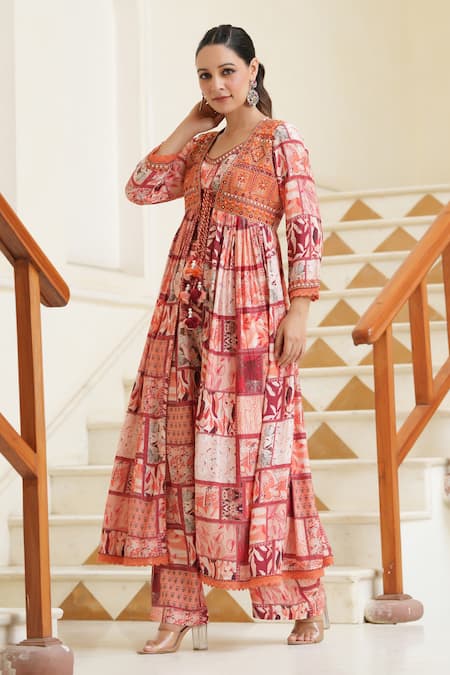 Buy_Bairaas_Peach Muslin, Cotton Beads, Tassels Floral Block Print Shrug With Pant Set_Online_at_Aza_Fashions