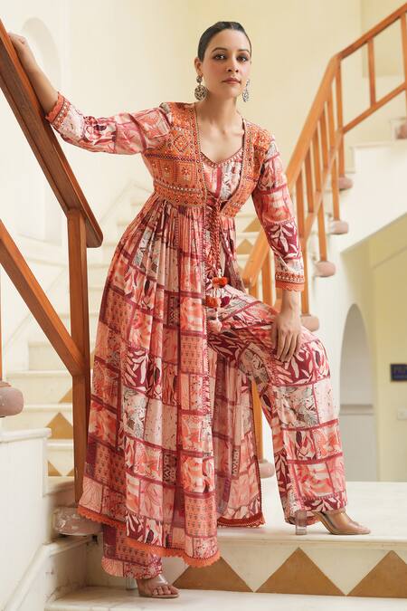 Shop_Bairaas_Peach Muslin, Cotton Beads, Tassels Floral Block Print Shrug With Pant Set_Online_at_Aza_Fashions