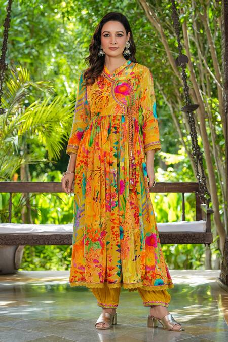 Bairaas_Yellow Crepe, Chiffon, Cotton Tassels Flower Garden Print Angarkha Anarkali Set_Online_at_Aza_Fashions
