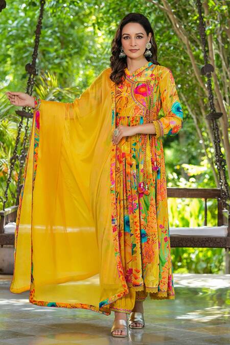 Buy_Bairaas_Yellow Crepe, Chiffon, Cotton Tassels Flower Garden Print Angarkha Anarkali Set_Online_at_Aza_Fashions