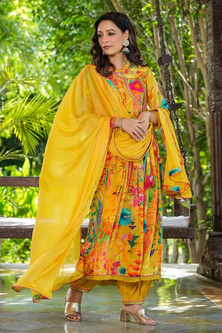 Shop_Bairaas_Yellow Crepe, Chiffon, Cotton Tassels Flower Garden Print Angarkha Anarkali Set_Online_at_Aza_Fashions