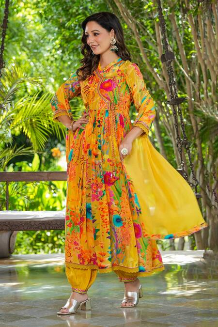 Bairaas_Yellow Crepe, Chiffon, Cotton Tassels Flower Garden Print Angarkha Anarkali Set_at_Aza_Fashions