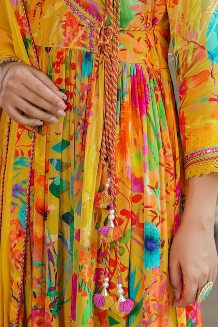 Buy_Bairaas_Yellow Crepe, Chiffon, Cotton Tassels Flower Garden Print Angarkha Anarkali Set