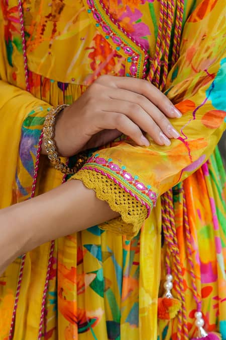 Shop Bairaas Yellow Crepe, Chiffon, Cotton Tassels Flower Garden Print Angarkha Anarkali Set Shop_Bairaas_Yellow Crepe, Chiffon, Cotton Tassels Flower Garden Print Angarkha Anarkali Set