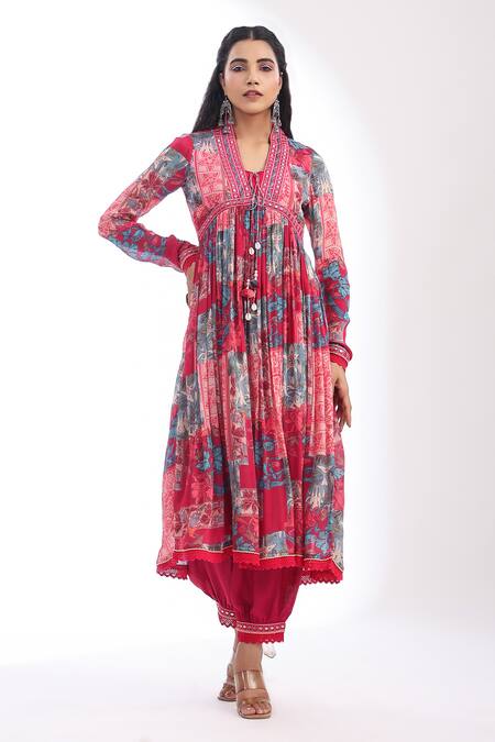 Shop_Bairaas_Pink Anarkali And Dupatta Chinon, Lining Cotton, Salwar Shantoon Lace Work, Set_Online_at_Aza_Fashions