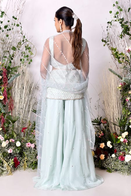 Shop Sunita Bhandari Blue Viscose, Organza, Net Mirrors, Crystals Hand Embroidered Kurta Sharara Set at Aza Fashions Shop_Sunita Bhandari_Blue Viscose, Organza, Net Mirrors, Crystals Hand Embroidered Kurta Sharara Set _at_Aza_Fashions