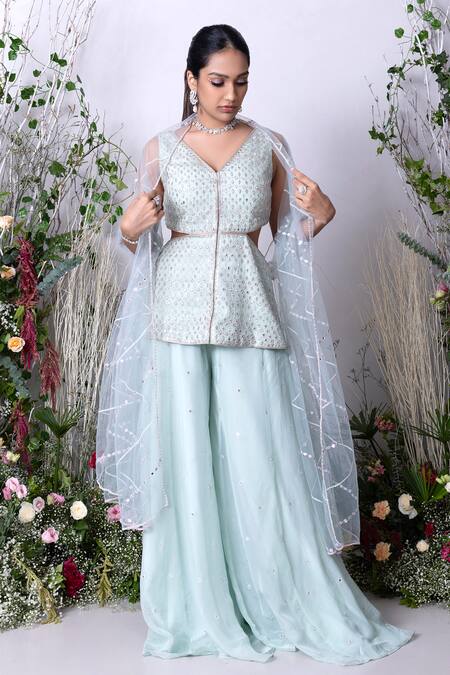 Buy Sunita Bhandari Blue Viscose, Organza, Net Mirrors, Crystals Hand Embroidered Kurta Sharara Set Online at Aza Fashions Buy_Sunita Bhandari_Blue Viscose, Organza, Net Mirrors, Crystals Hand Embroidered Kurta Sharara Set _Online_at_Aza_Fashions