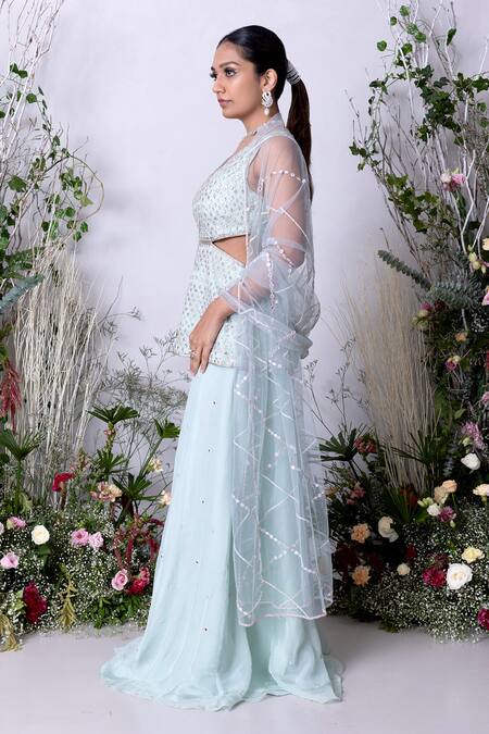 Sunita Bhandari Blue Viscose, Organza, Net Mirrors, Crystals Hand Embroidered Kurta Sharara Set at Aza Fashions Sunita Bhandari_Blue Viscose, Organza, Net Mirrors, Crystals Hand Embroidered Kurta Sharara Set _at_Aza_Fashions